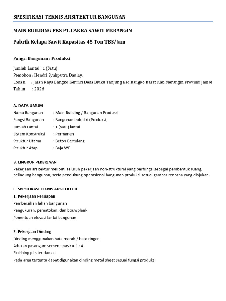 Spesifikasi Teknis Arsitektur Bangunan | PDF