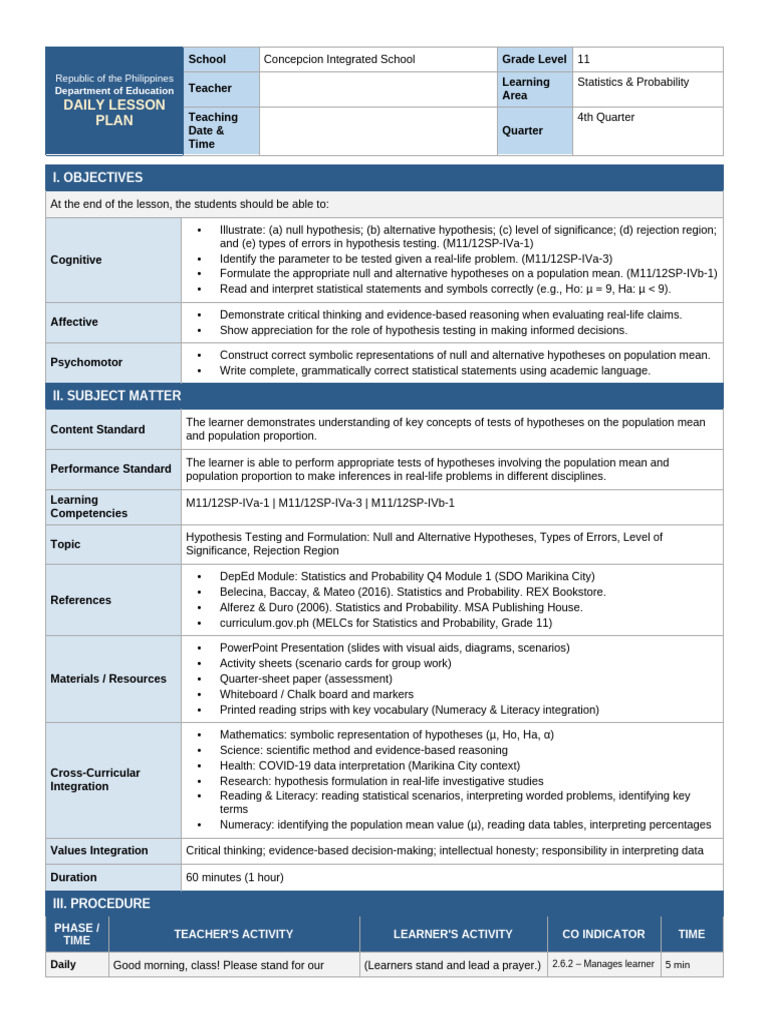 Lesson Plan Hypothesis Testing | PDF | Hypothesis | Statistics