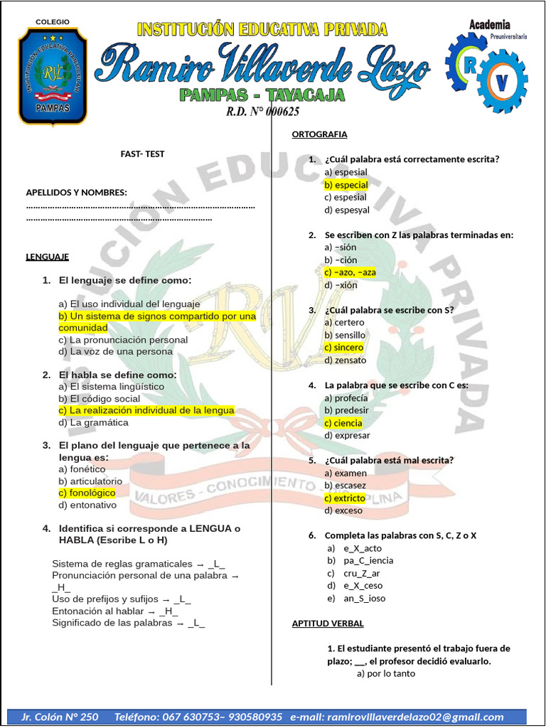 Fast-Test 3 Secundaria 1 Resuelto | PDF | Palabra | Gramática
