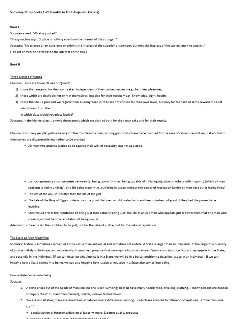 Summary Notes - Plato, The Republic | PDF | Justice | Crime & Violence