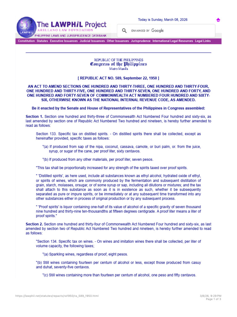Republic Act No. 589 | PDF | Alcoholic Beverages | Fermented Drinks