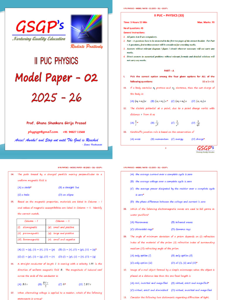 II Puc Phy - Model Paper 02 (Board) - (2025 - 26) - Gsgp's | PDF