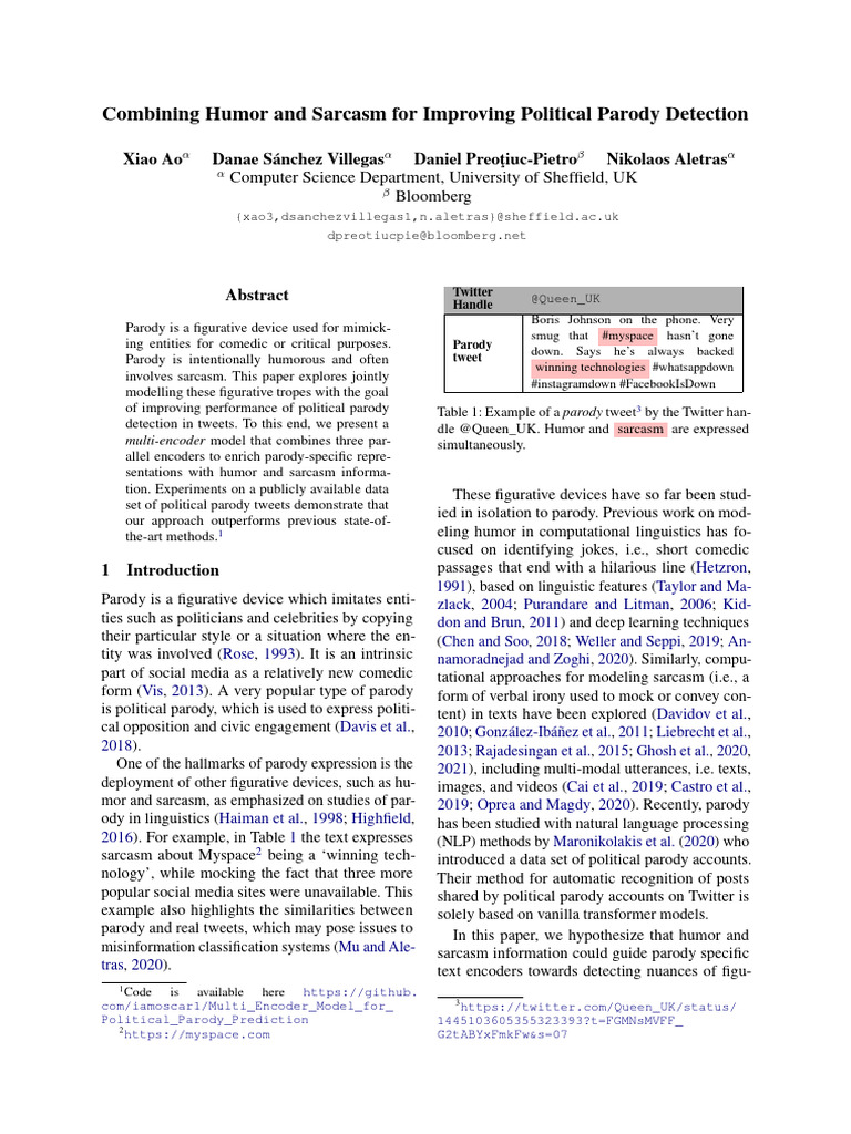 Combining Humor and Sarcasm For Improving Political Parody Detection | PDF