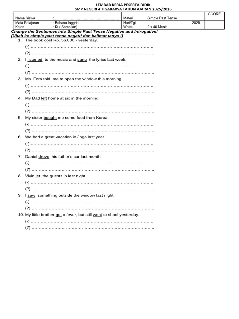 LKPD Kelas 9 SMT 1 - Chapter 2 Taking Trips - Simple Past Tense | PDF