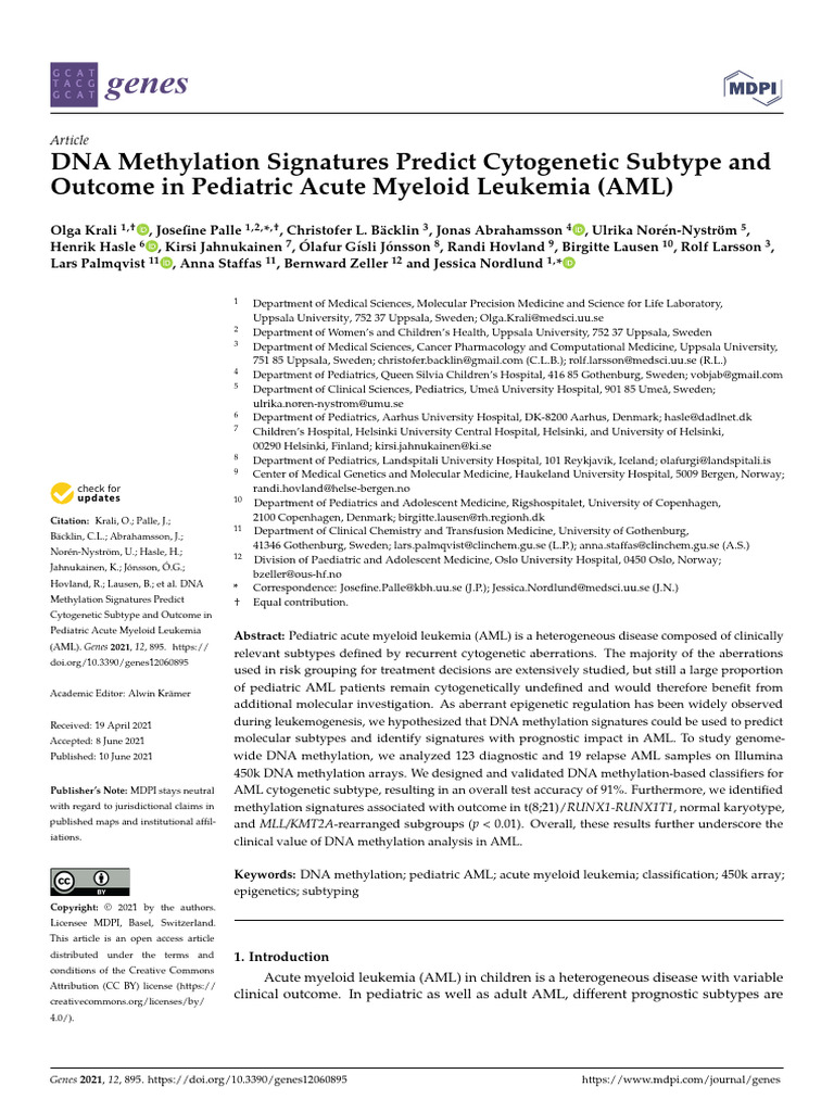 DNA Methylation Signatures Predict Cytogenetic Subtype and Outcome in ...