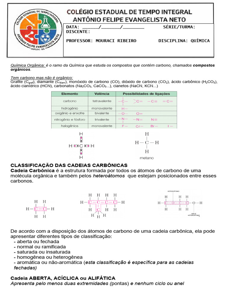 Apostila e Exercícios - Classificação de Cadeias Carbônicas | PDF ...
