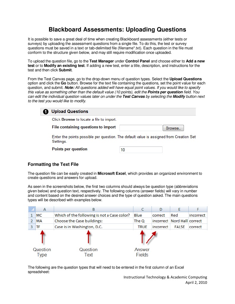Blackboard Assessments Uploading Questions PDF Text File Spreadsheet