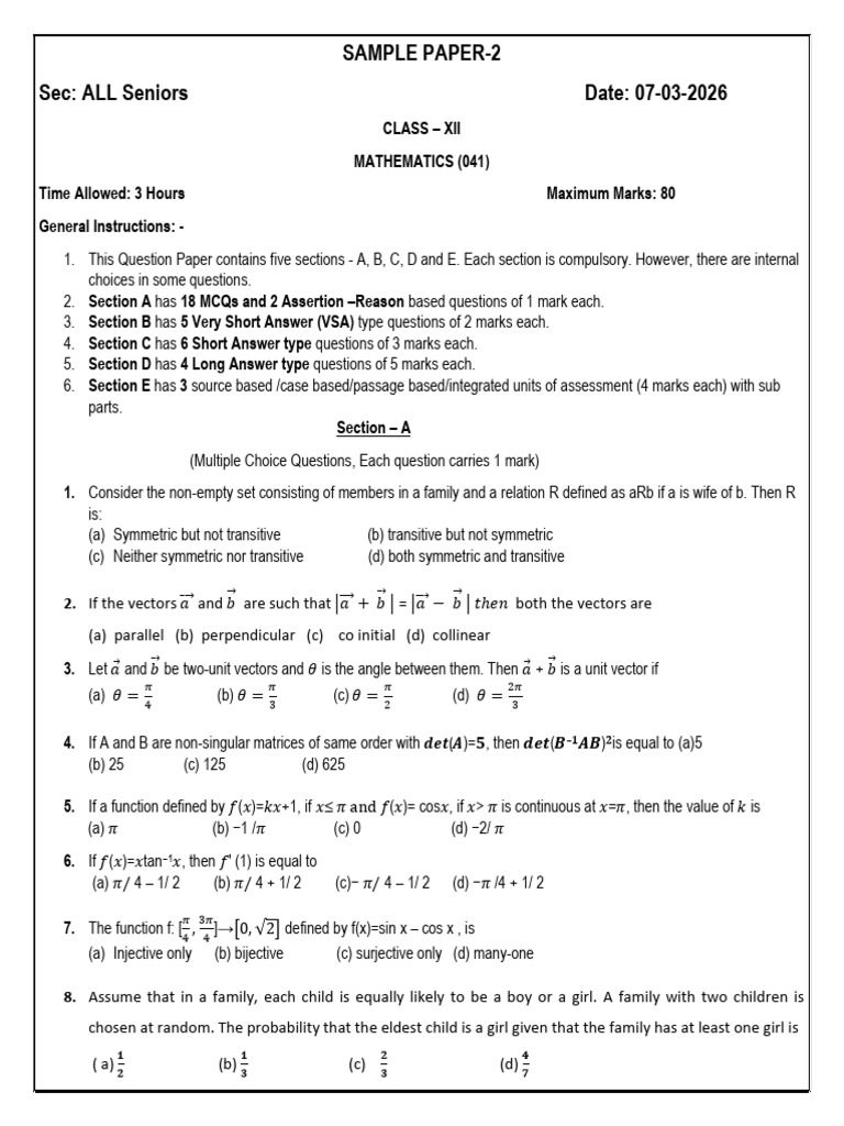 07-03-2026 All Seniors Final Cbse Board Maths Sample Paper-2 | PDF ...