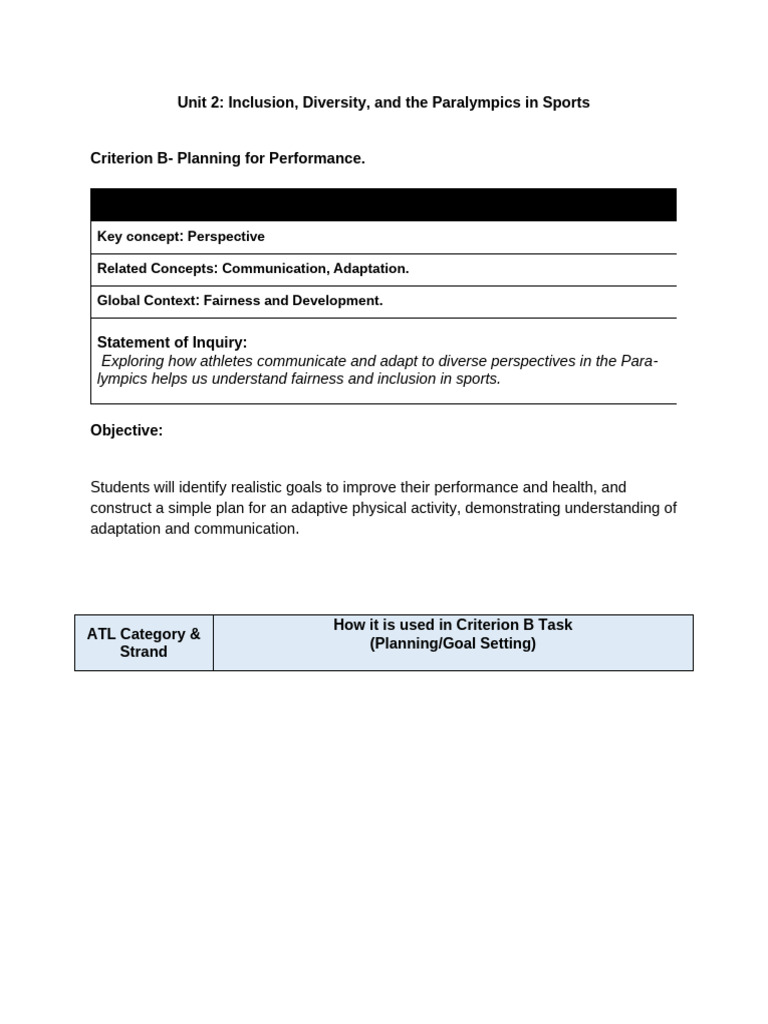 Criterion B Planning For Performance.x | PDF | Goal | Communication