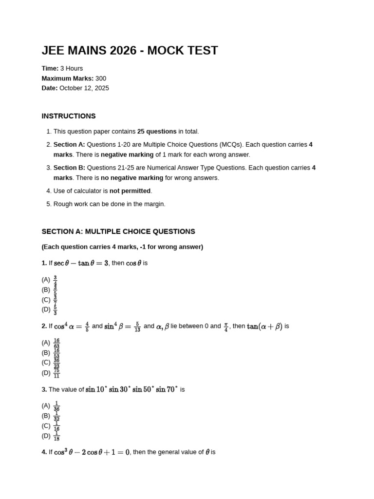 JEE Mains 2026 Mock Test Questions | PDF | Numbers | Quadratic Equation