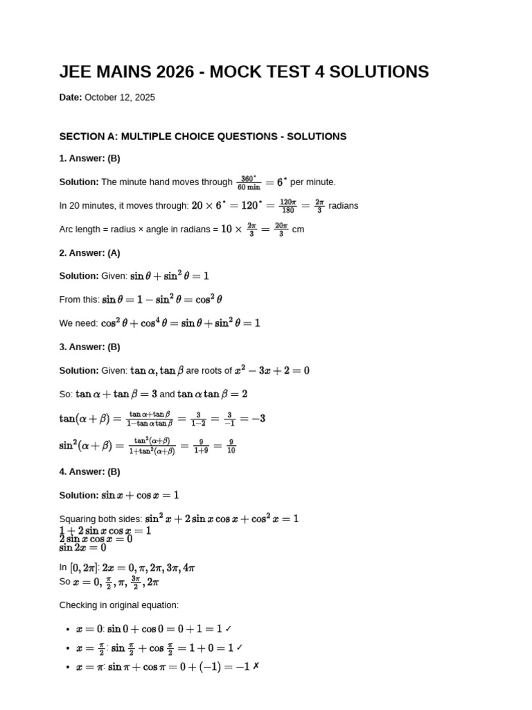 JEE Mains 2026 Mock Test 4 Solutions | PDF | Quadratic Equation | Equations