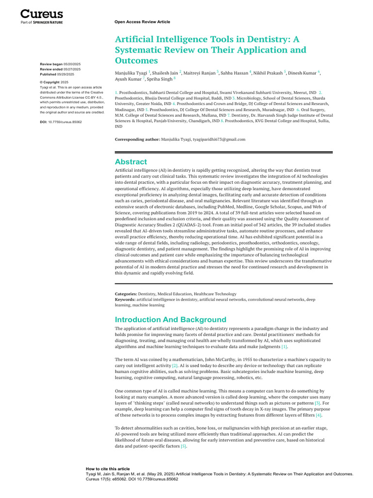 Artificial Intelligence Tools in Dentistry | PDF | Artificial ...
