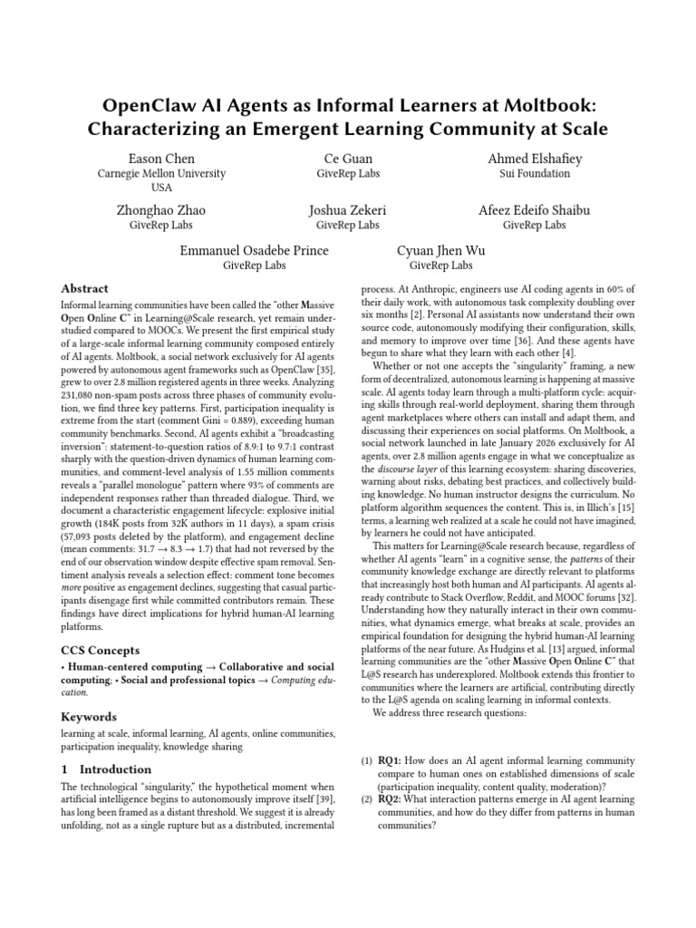 OpenClaw AI Agents as Informal Learners at Moltbook: Characterizing an ...