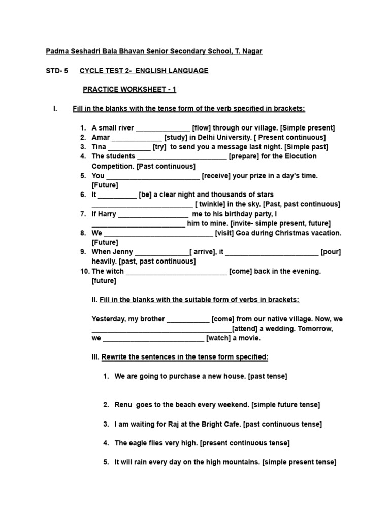 CT 2 STD 5 Practice Worksheet 1 | PDF