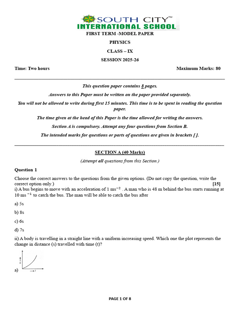 Class Ix - Physics Model Paper | PDF | Force | Acceleration