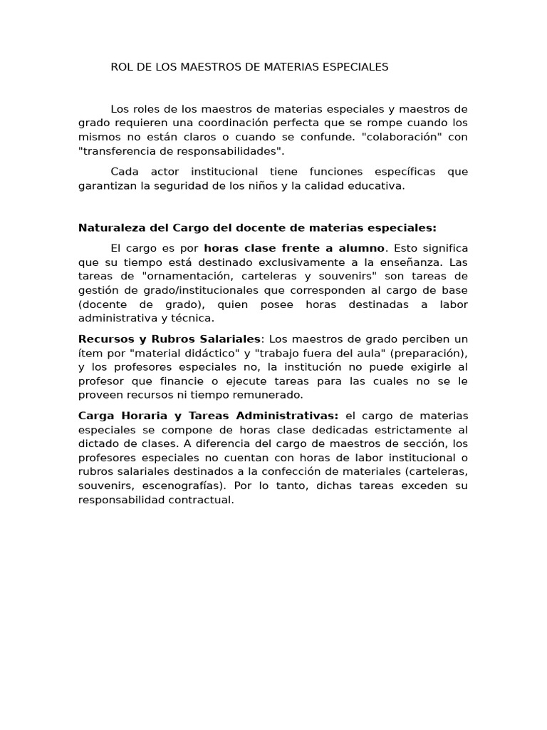 Rol de Los Maestros de Materias Especiales | PDF