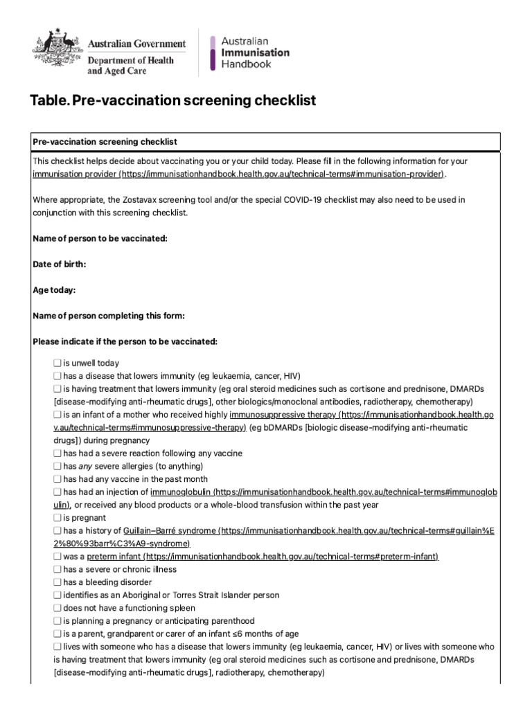 Pre-Vaccination Screening Checklist (Australian Immunisation Handbook ...