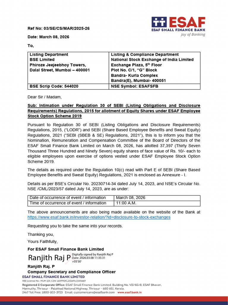 Esfb 08032026120728 ESOP Allotment | PDF | Financial Markets ...