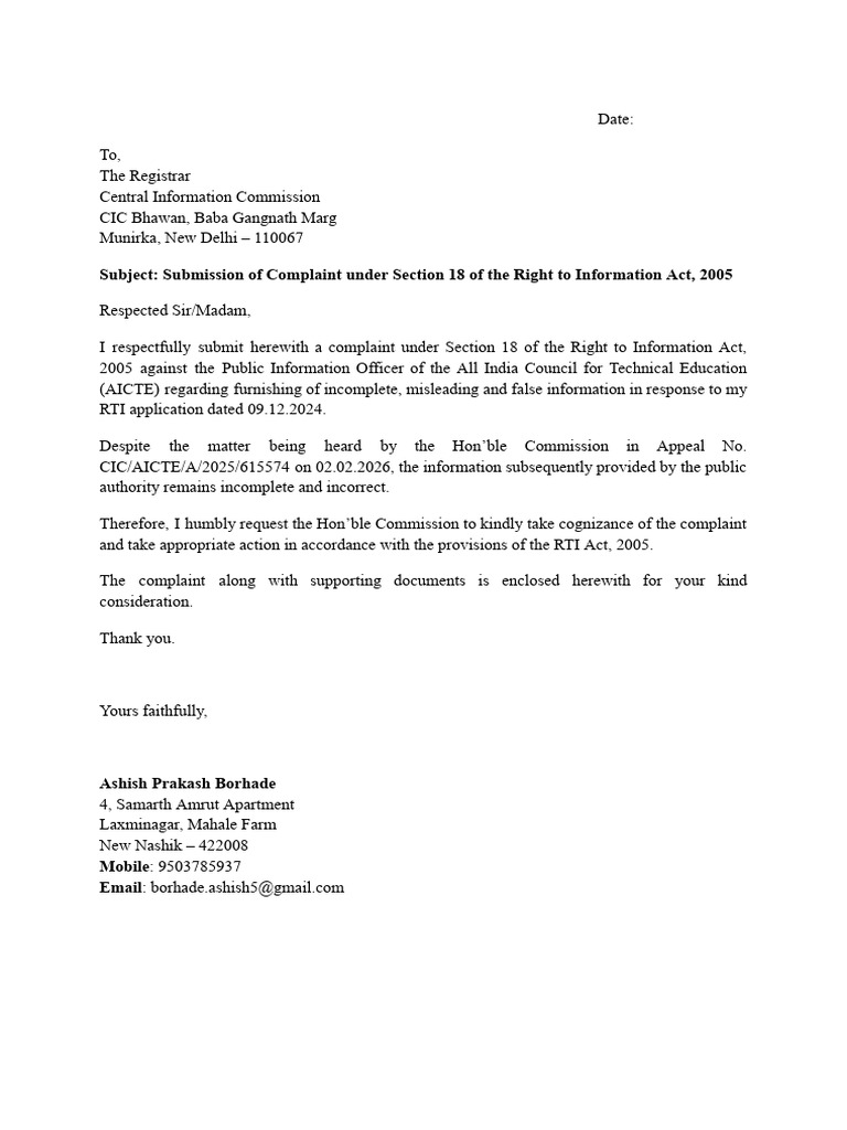 Complaint Under Section 18 of RTI Act | PDF | Justice | Crime & Violence