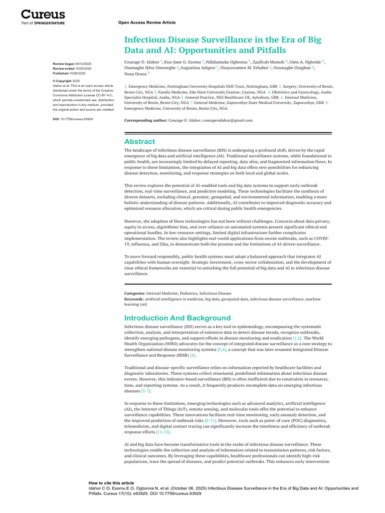 Infectious Disease Surveillance in the Era of Big Data and AI ...