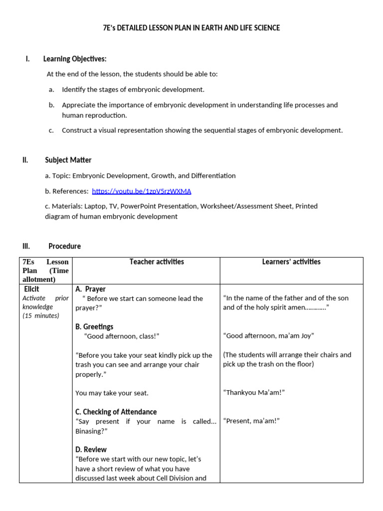 Revised Lesson Plan On Embryonic Development | PDF | Embryo | Reproduction
