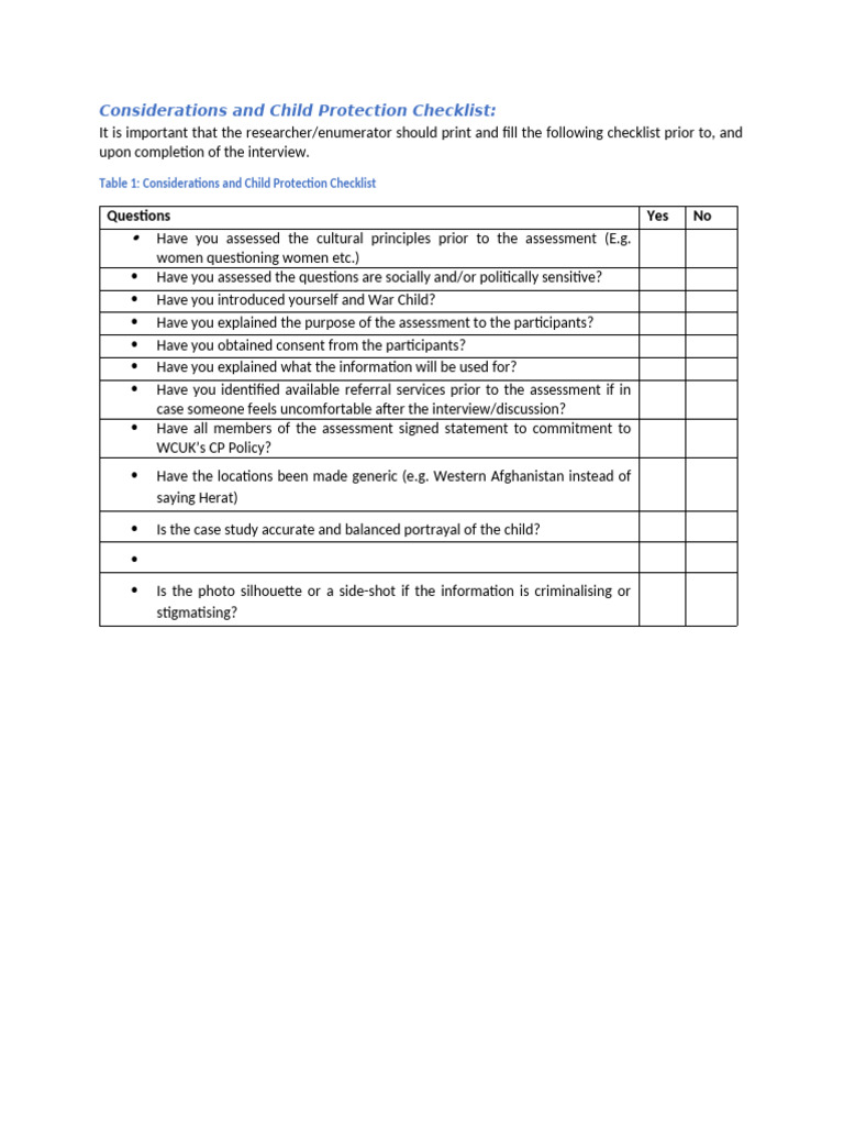 Considerations and Child Protection Checklist | PDF