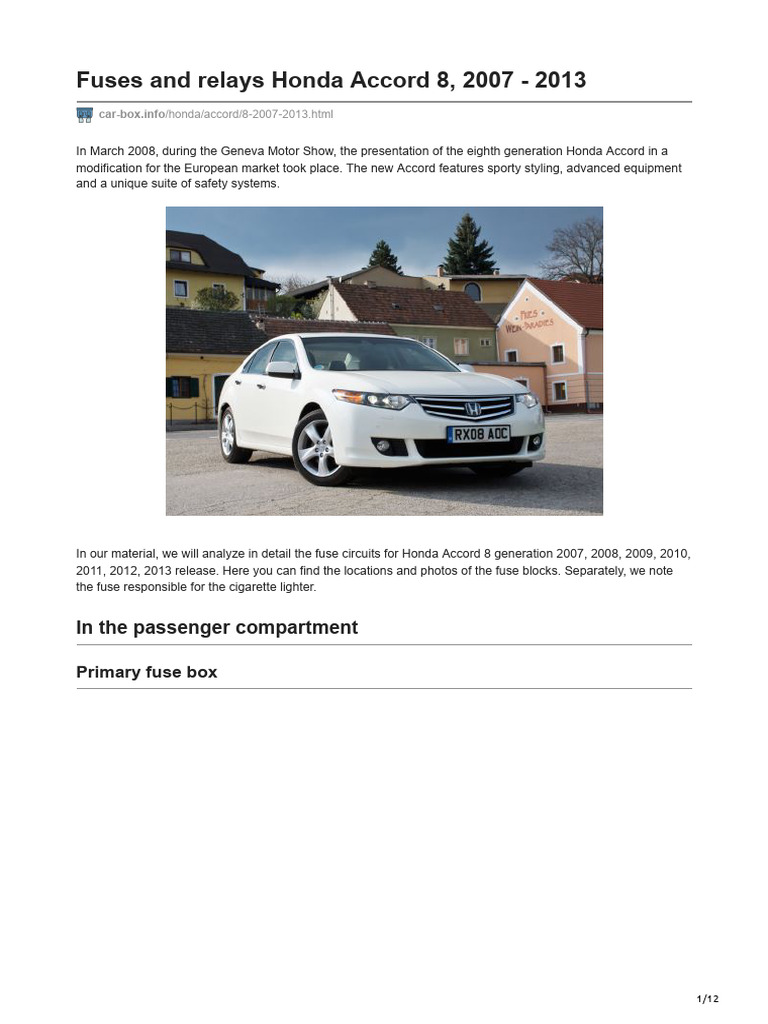 Fuses and Relays Honda Accord 8, 2007 - 2013: in The Passenger