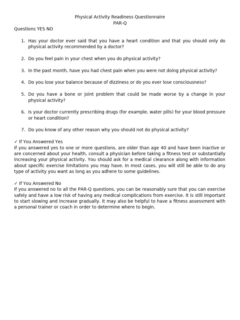 Physical Activity Readiness Questionnaire | PDF