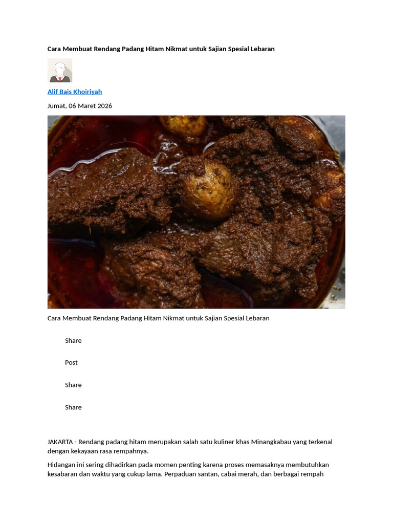 Cara Membuat Rendang Padang Hitam Nikmat Untuk Sajian Spesial Lebaran | PDF