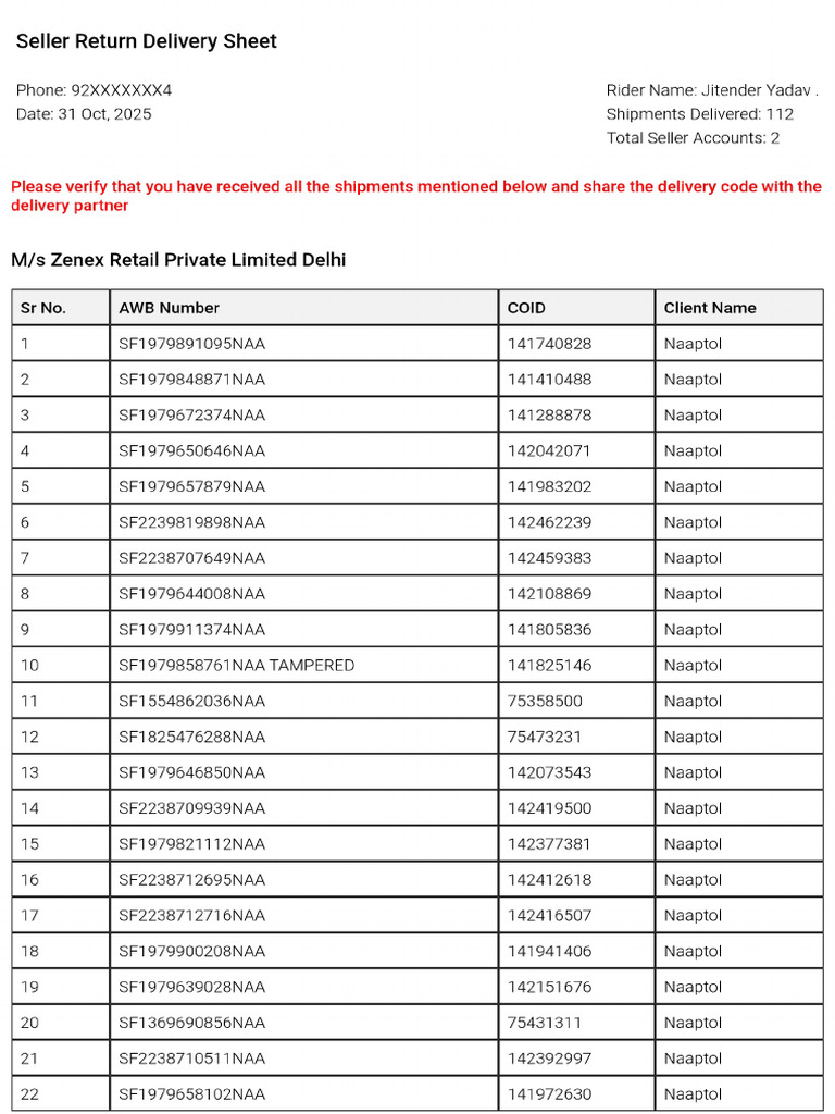 Seller Return Delivery Sheet | PDF