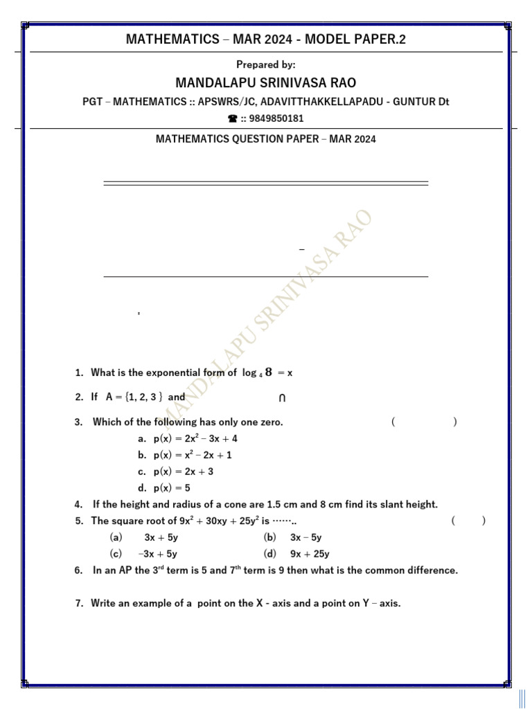 Mar 2024 - Mathematics Model Paper.2 by MSR | PDF | Chess | Chess Openings