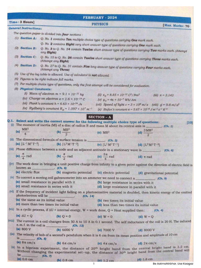 Physics Question Paper Feb 2024 | PDF