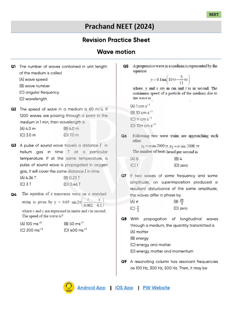 Wave Motion - Practice Sheet - Prachand NEET 2024 | PDF