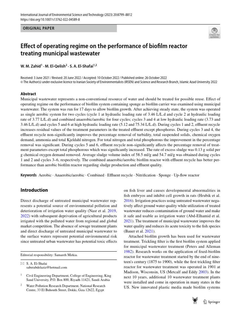 Effect of Operating Regime on the Perfor | PDF | Sewage Treatment | Sewage