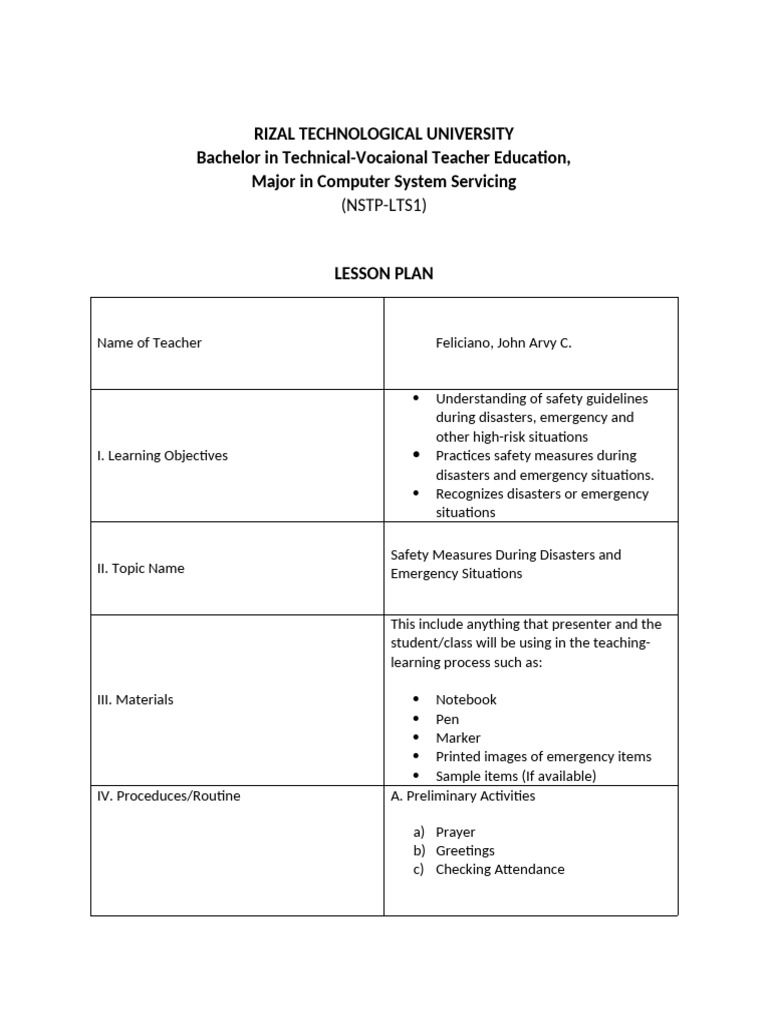 Nstp-lts Lesson Plan | PDF | Emergency Management | Lesson Plan