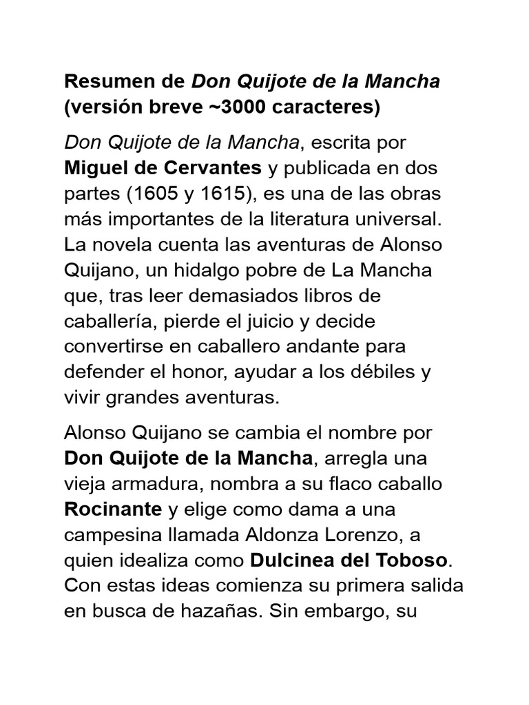 Resumen de Don Quijote de La Mancha (1) | PDF | Don Quijote