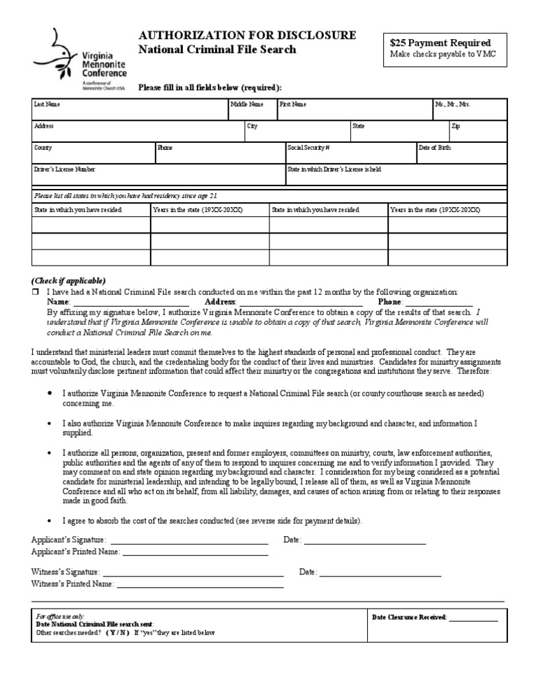 VMC Criminal Background Check Authorization | PDF | Cheque | Background ...