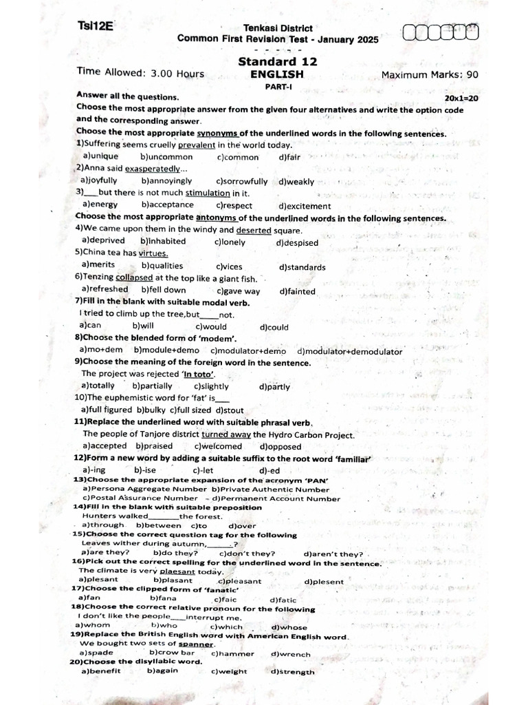 12th English 1st Revision Exam 2025 Original Question Paper Tenkasi ...