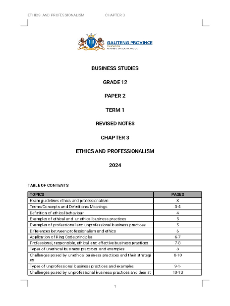 Teachers Copy 2020 Revised Business Studies Grade 12 Notes On Ethics ...