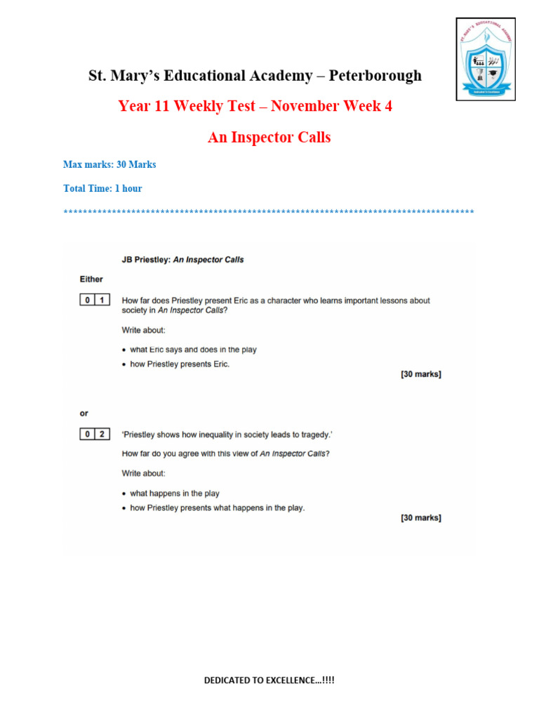 Year 11 Weekly Test - November Week 4 (Inspector Calls) | PDF