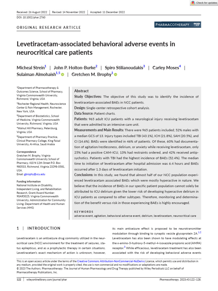 Levetiracetam-­ associated behavioral adverse events in neurocritical ...