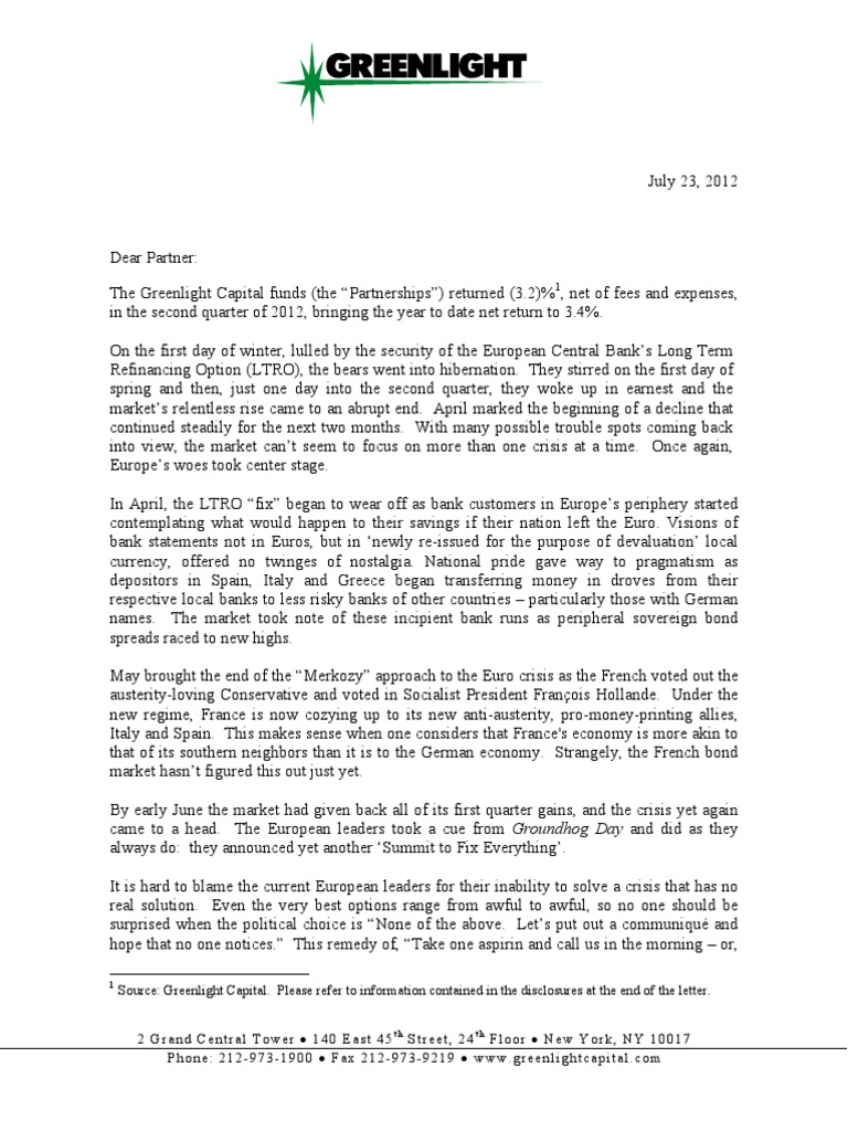 Greenlight Q2 Letter To Investors PDF Patient Protection And
