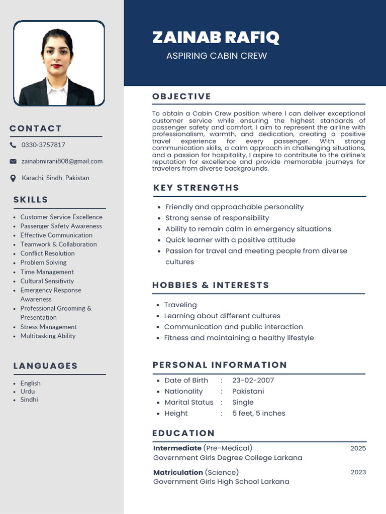 Zainab Rafiq Cabin Crew CV (1) | PDF