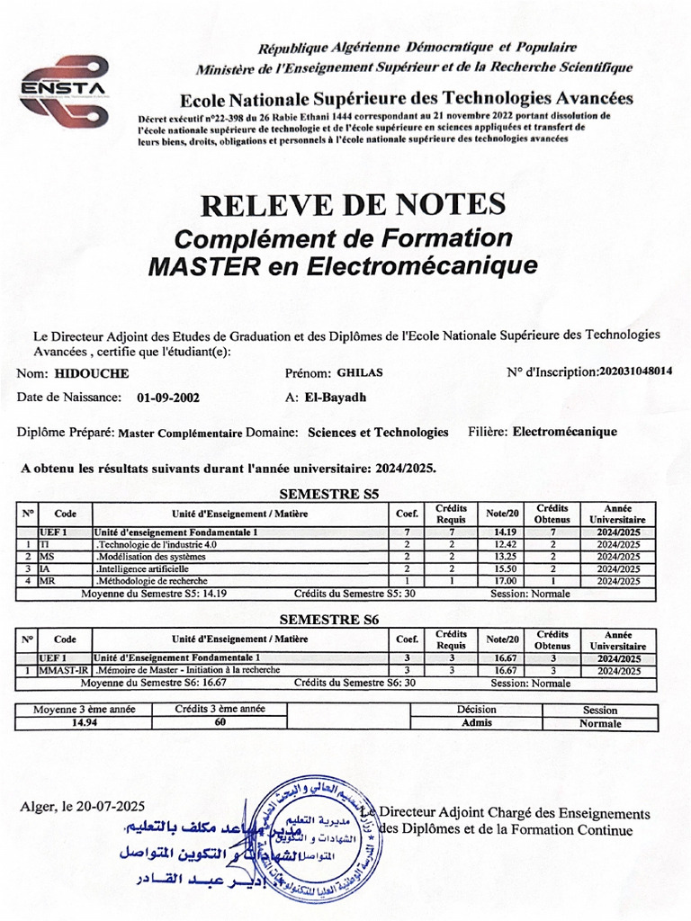 Releve de Note Master | PDF
