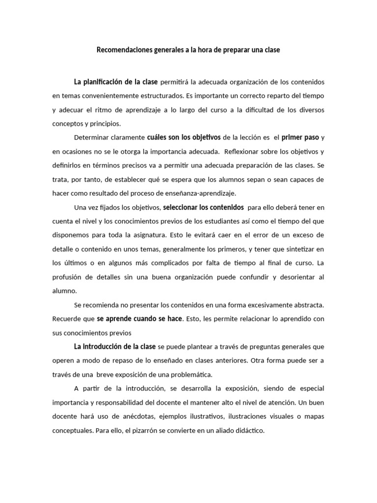 6 - 2 Planificación de Una Clase - Recomendaciones | PDF | Maestros ...