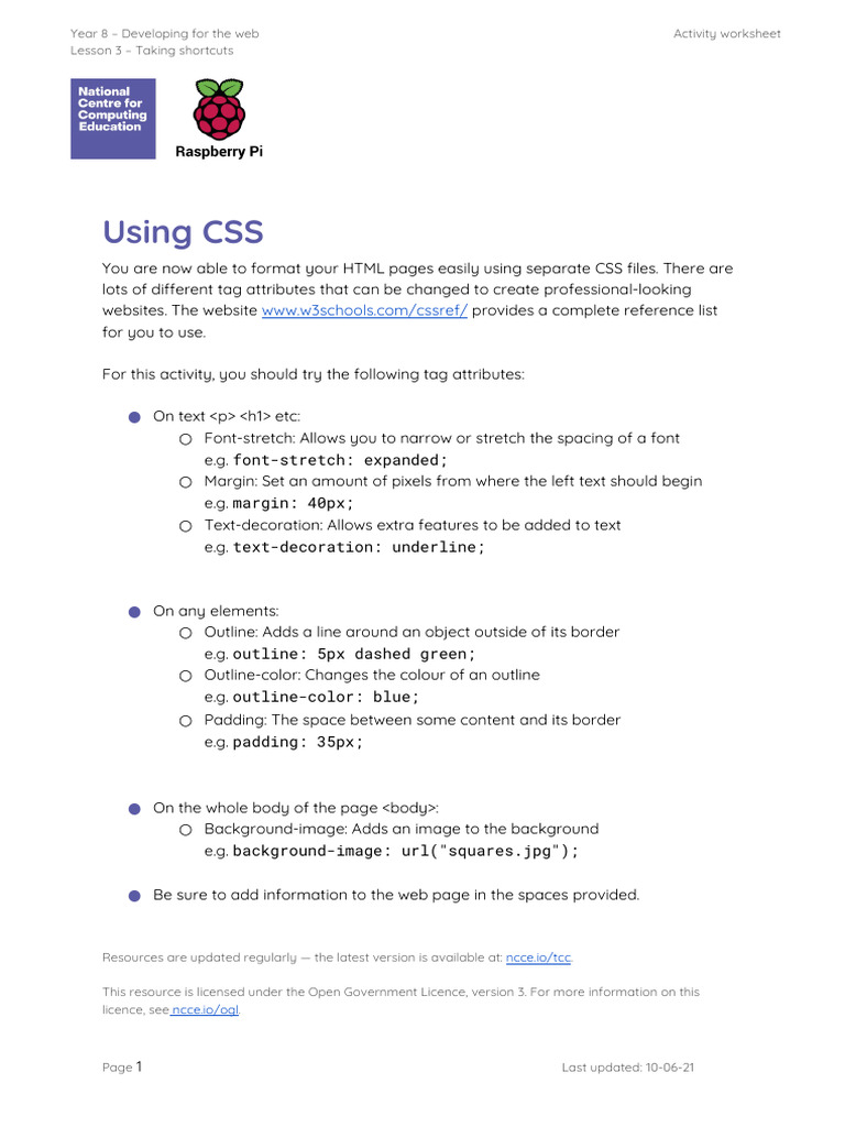 A2 Worksheet – Using CSS | PDF
