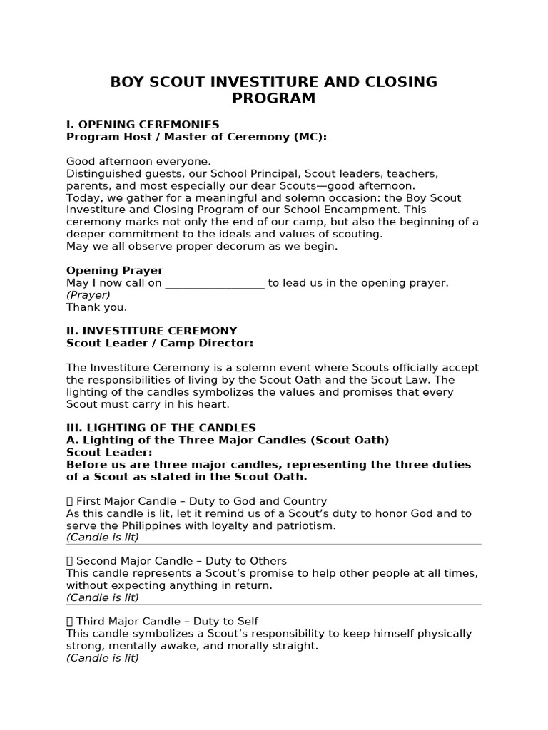 Boy Scout Investiture and Closing Program | PDF | Scouting