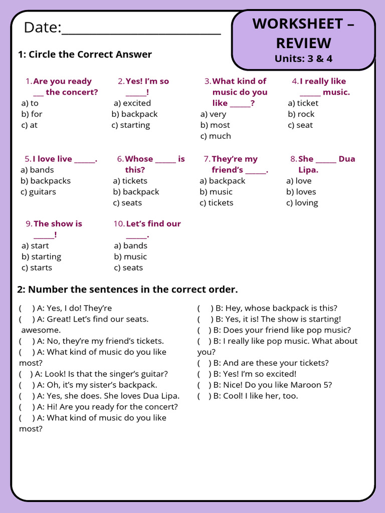 Worksheet – Review Units 3 & 4 | PDF