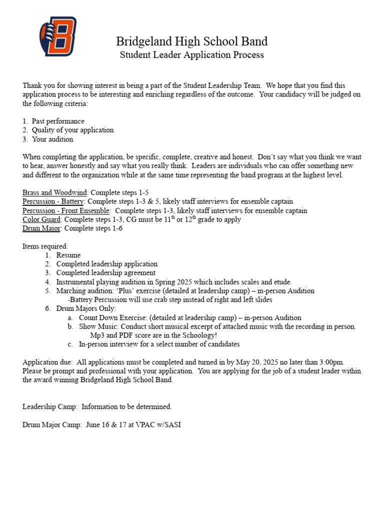 Bridgeland Band Leadership Application 2025 | PDF | Audition