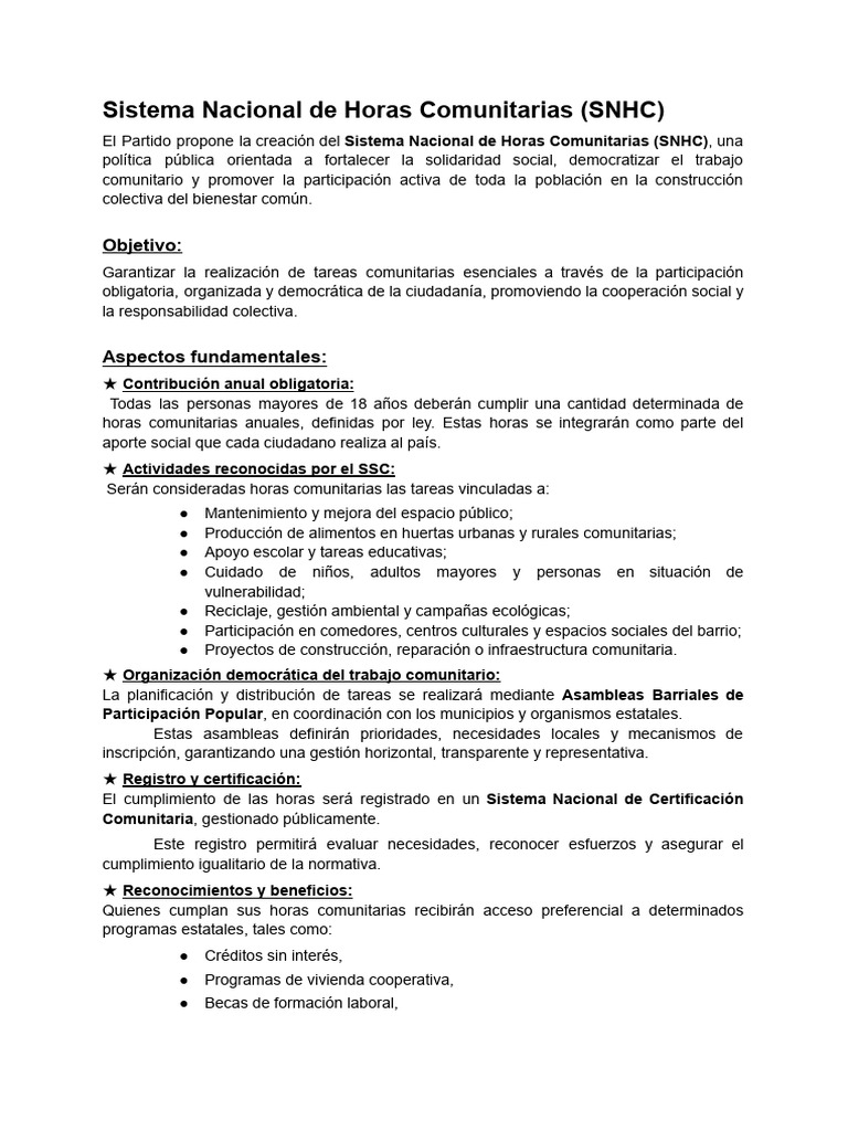 Sistema Nacional de Horas Comunitarias (SNHC) | PDF | Democracia ...